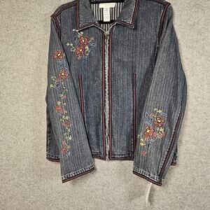 Embroidered Grandma Chic Floral Cottagecore Denim Jean Zip Up Jacket Large New
